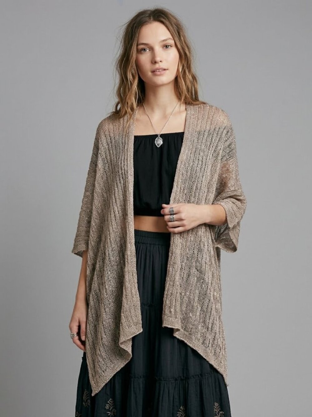 Sheer Boho Knit Shawl Poncho Cardigan Cape Tan Neutral Grunge Distressed
